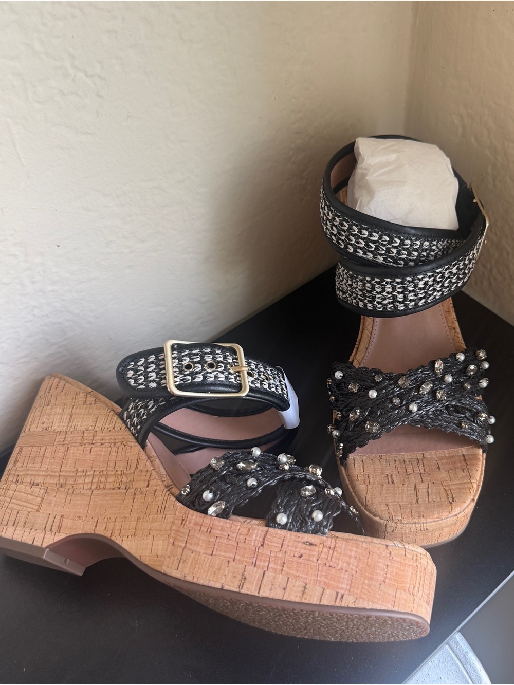 Linea Paolo Varena Platform Wedge Sandal Black Embellished Cork Size 10M New